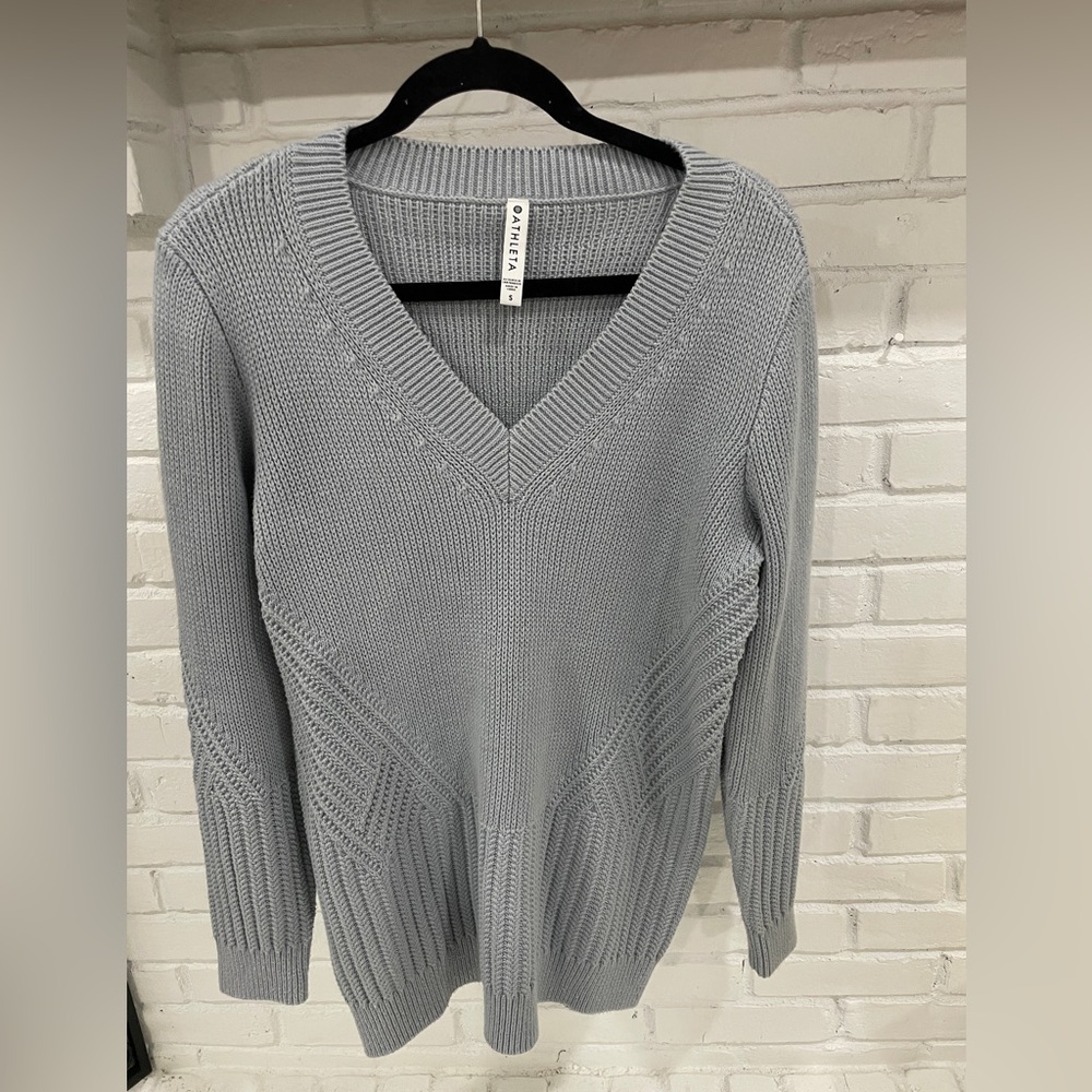 Athleta Women’s Teton Sweater Blue Grey Size Small Solid Knit Heavy Cotton